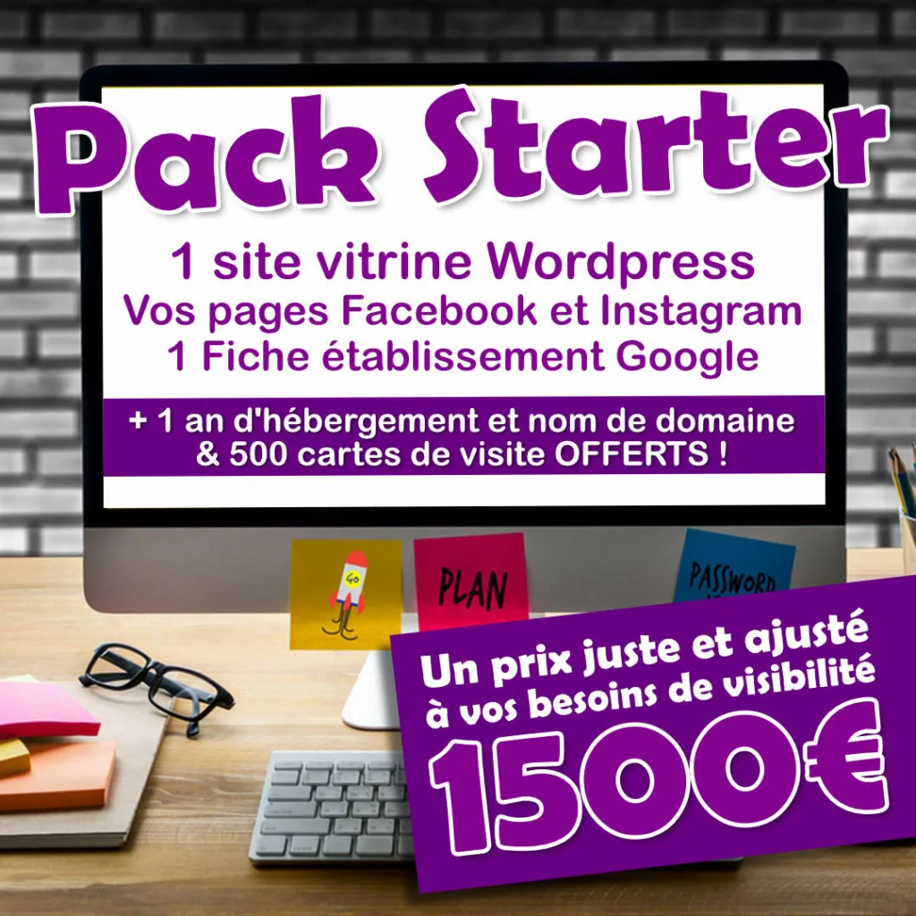 Pack Starter : création de votre site internet, page facebook, nom de domaine et cartes de visites.